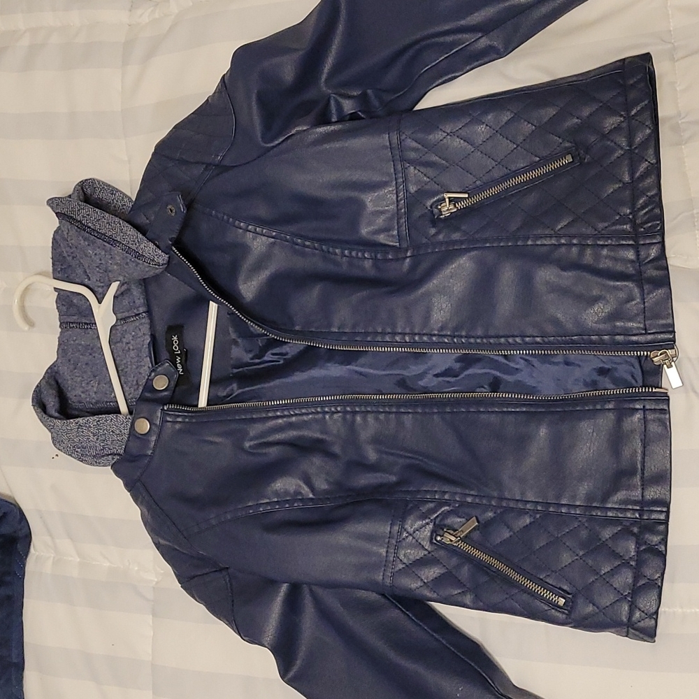 Blue faux leather hooded jacket